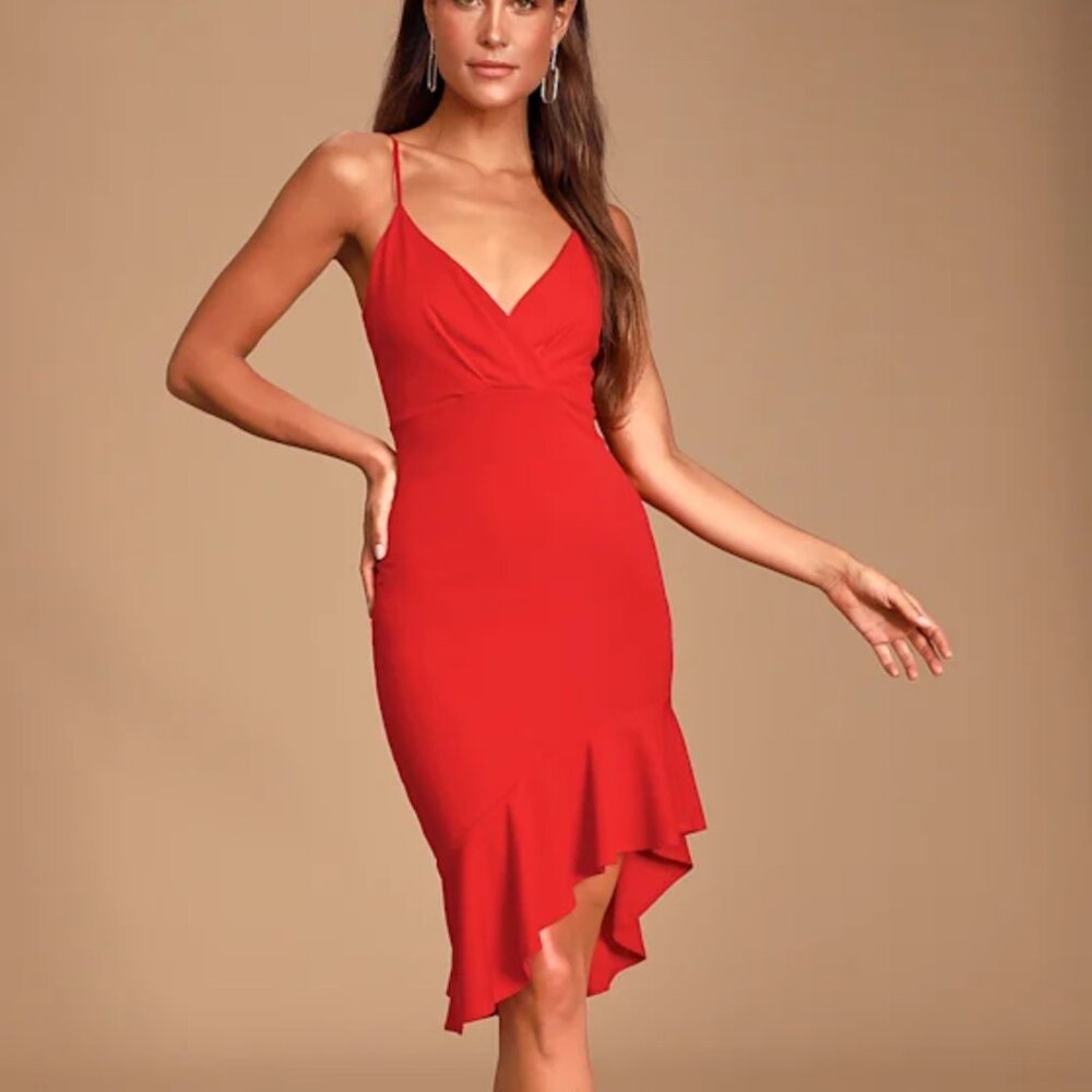 Lulus Vivienne Red Ruffled Bodycon Midi Dress - Size S